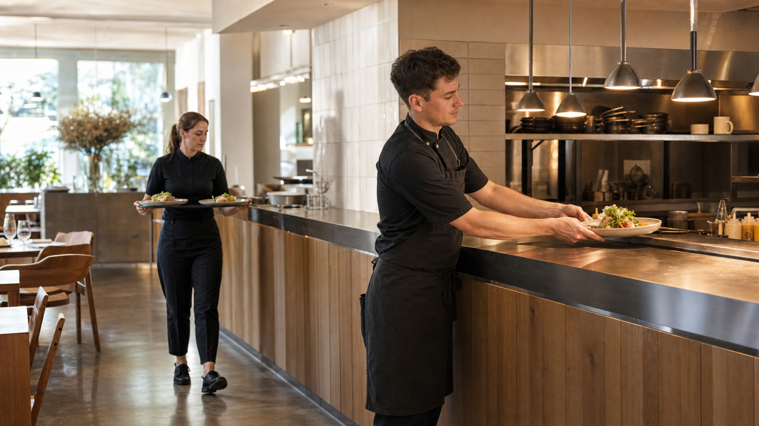 Two hospitality staff preparing plates at the service pass of a modern restaurant